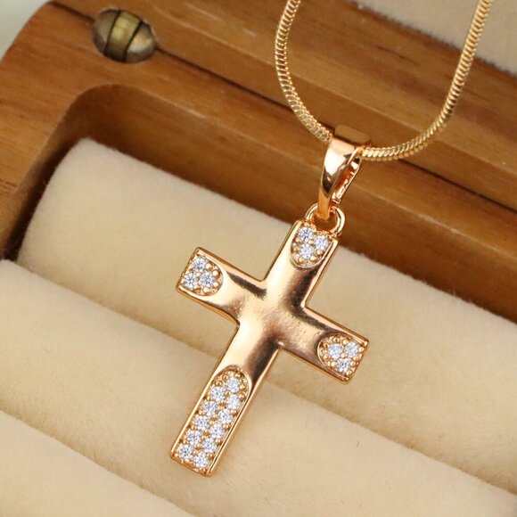 "Rose Gold Cross Pendant with Crystal Accents on Polished Surface, XPPT1611 - Picture 1 of 13